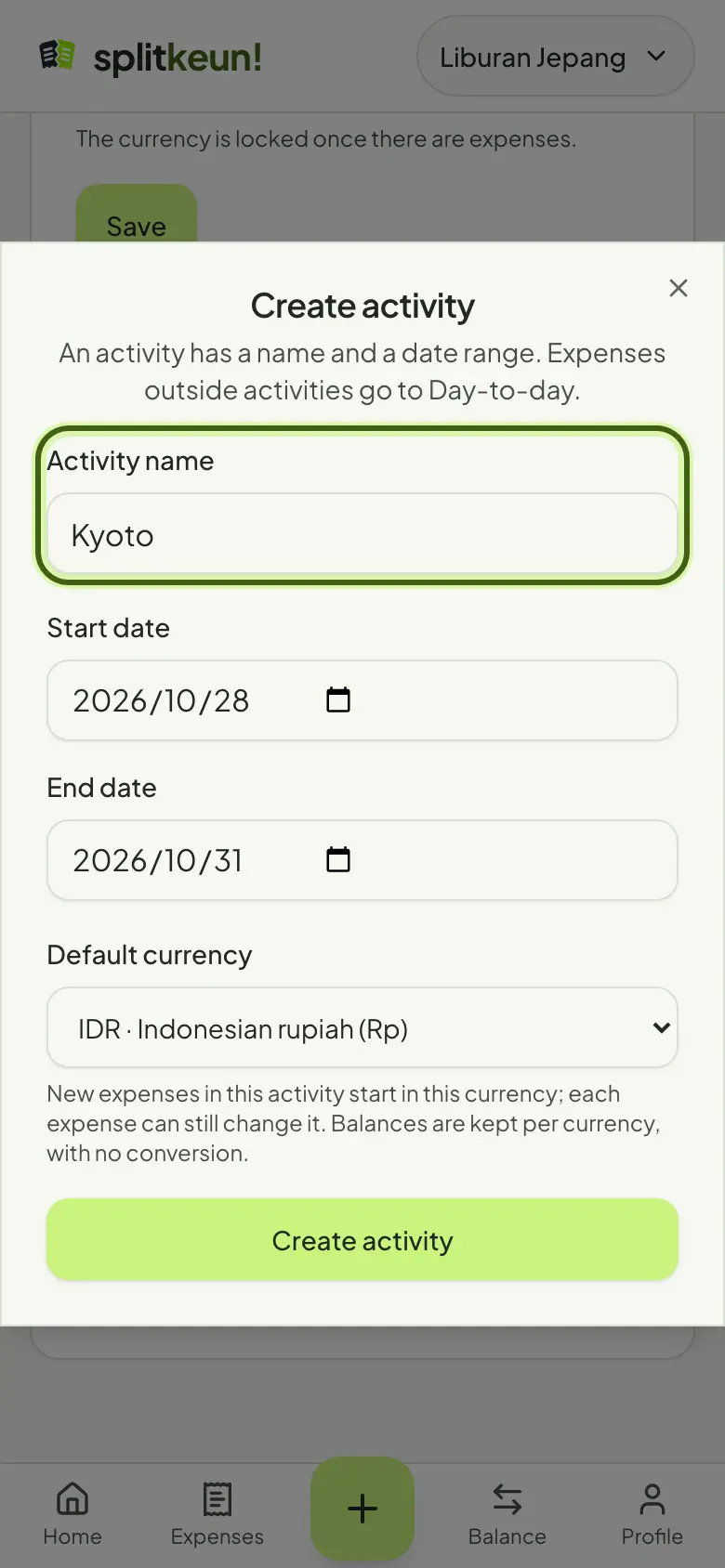 Screenshot: Create an activity