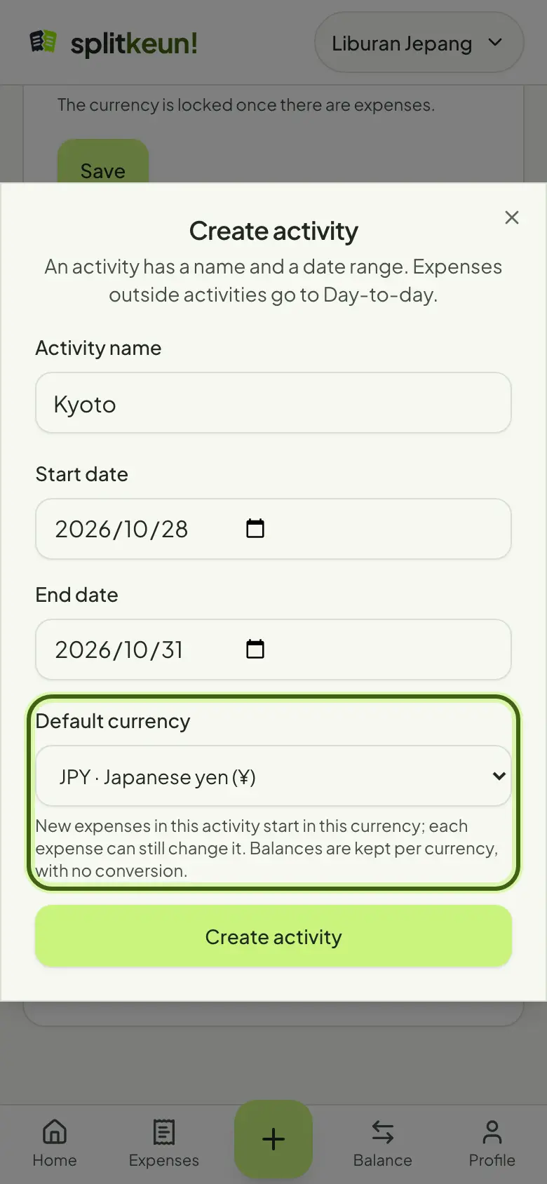 Screenshot: Pick a default currency