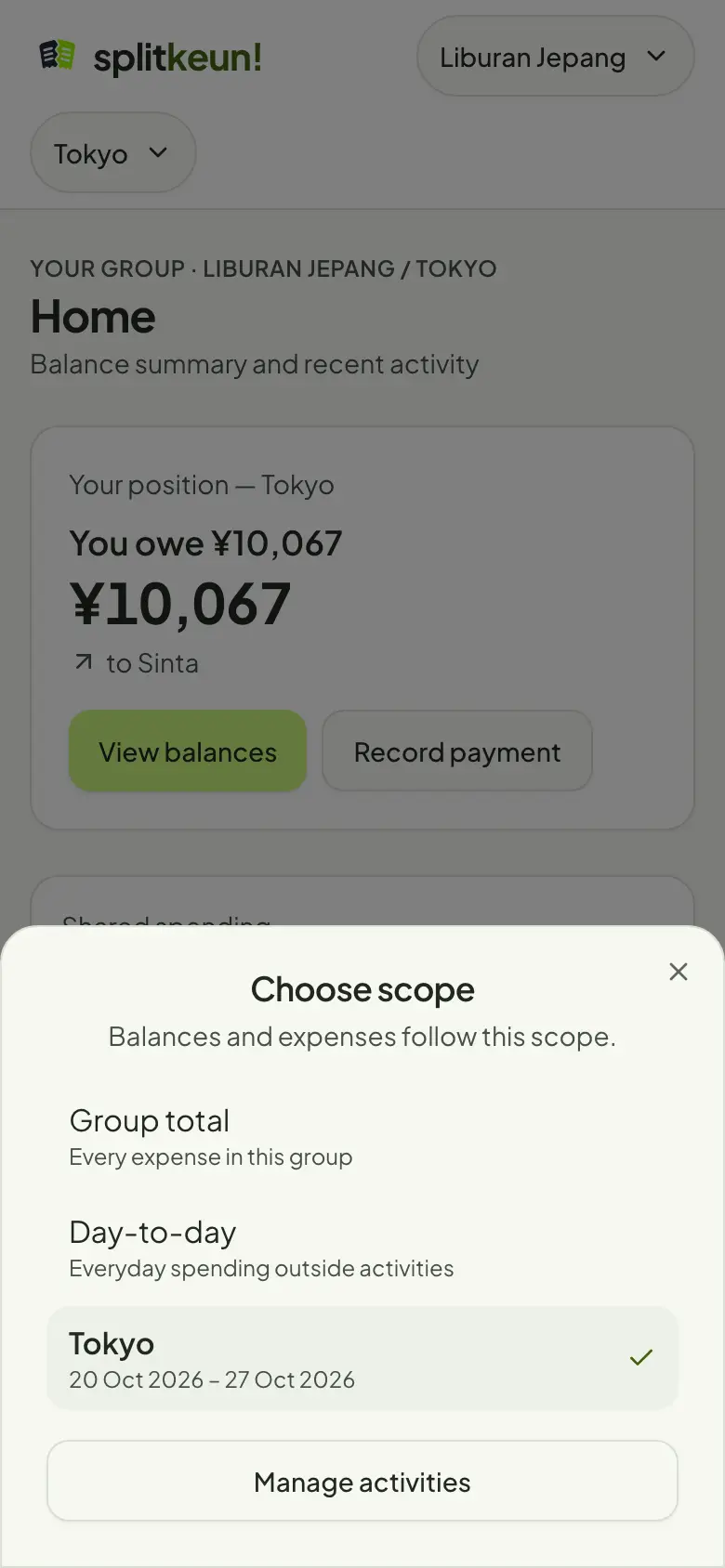 Screenshot: Switch between activities and day-to-day