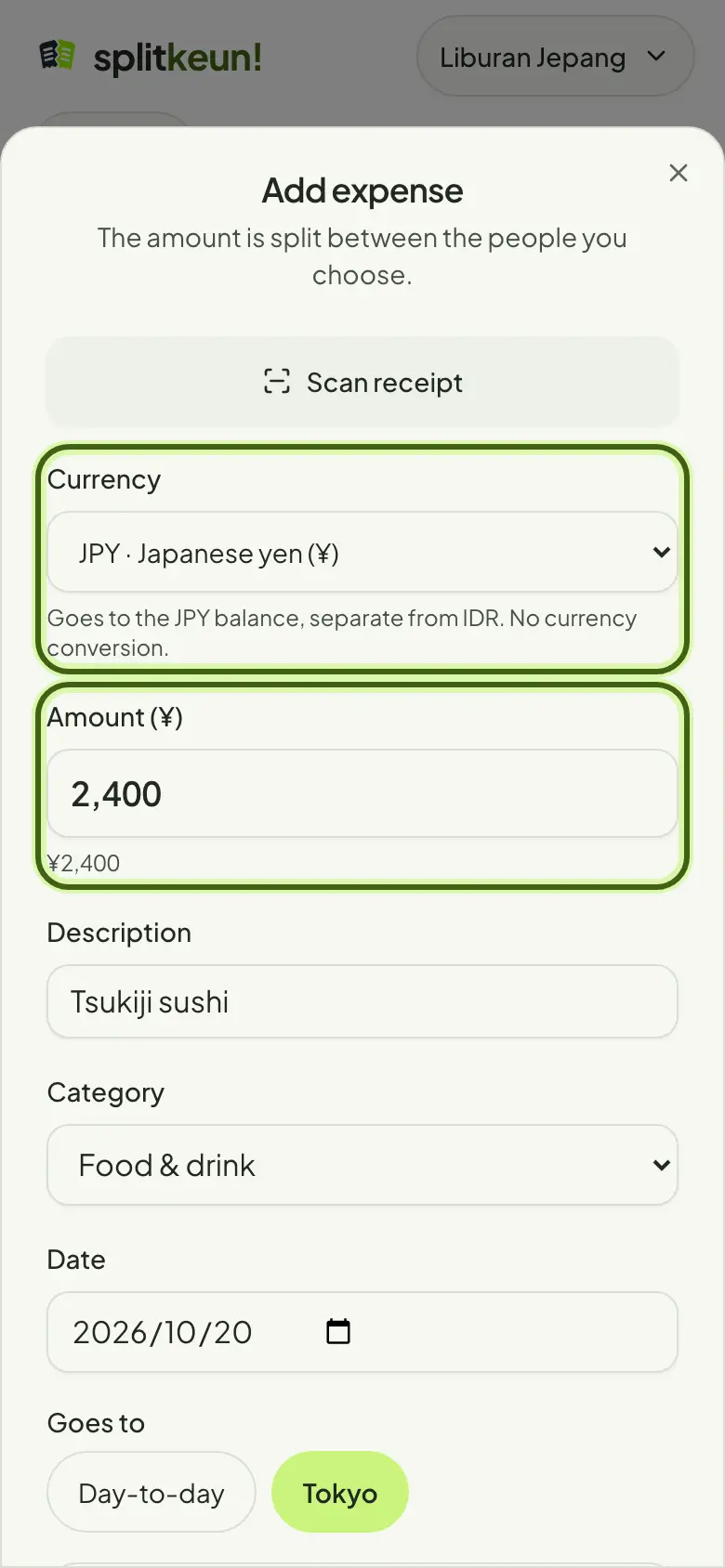 Screenshot: Amount, currency and payer