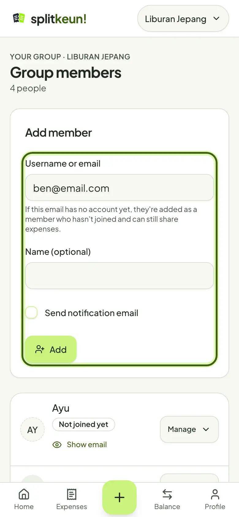 Screenshot: Add members