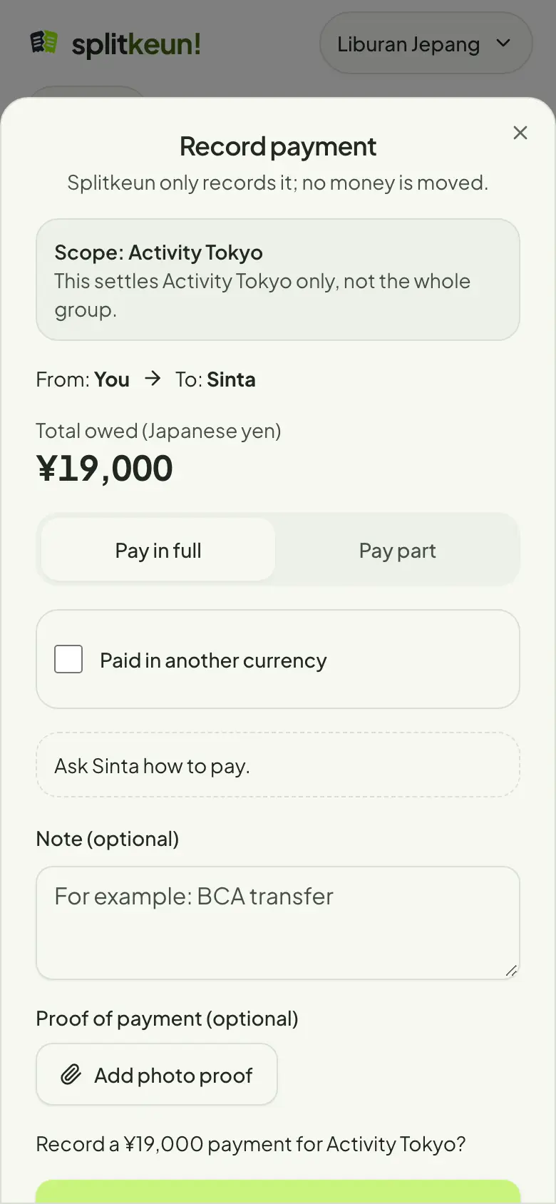 Screenshot: Record a payment