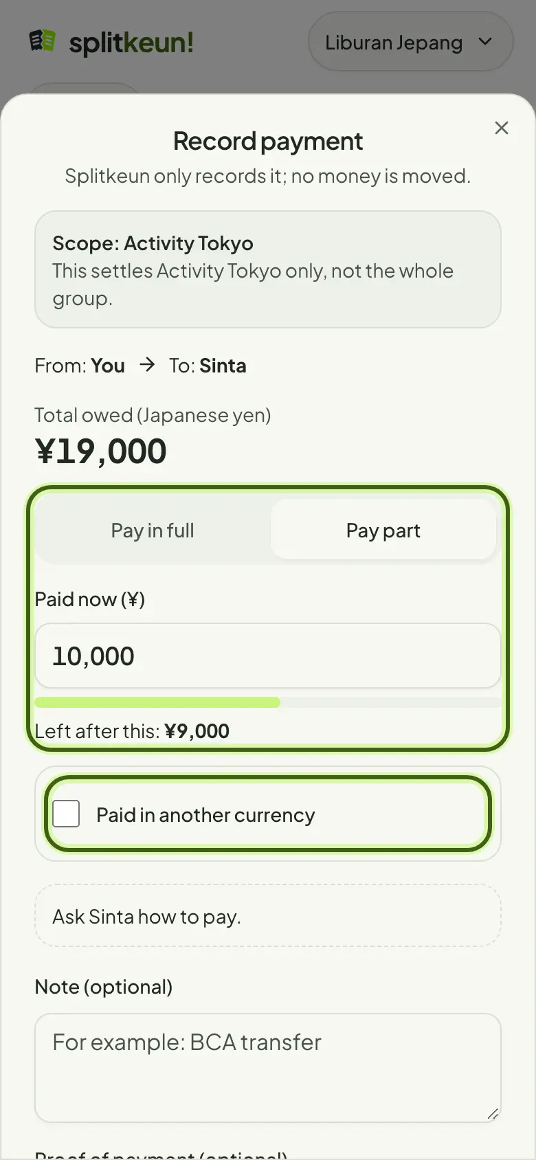 Screenshot: Pay part, or in another currency
