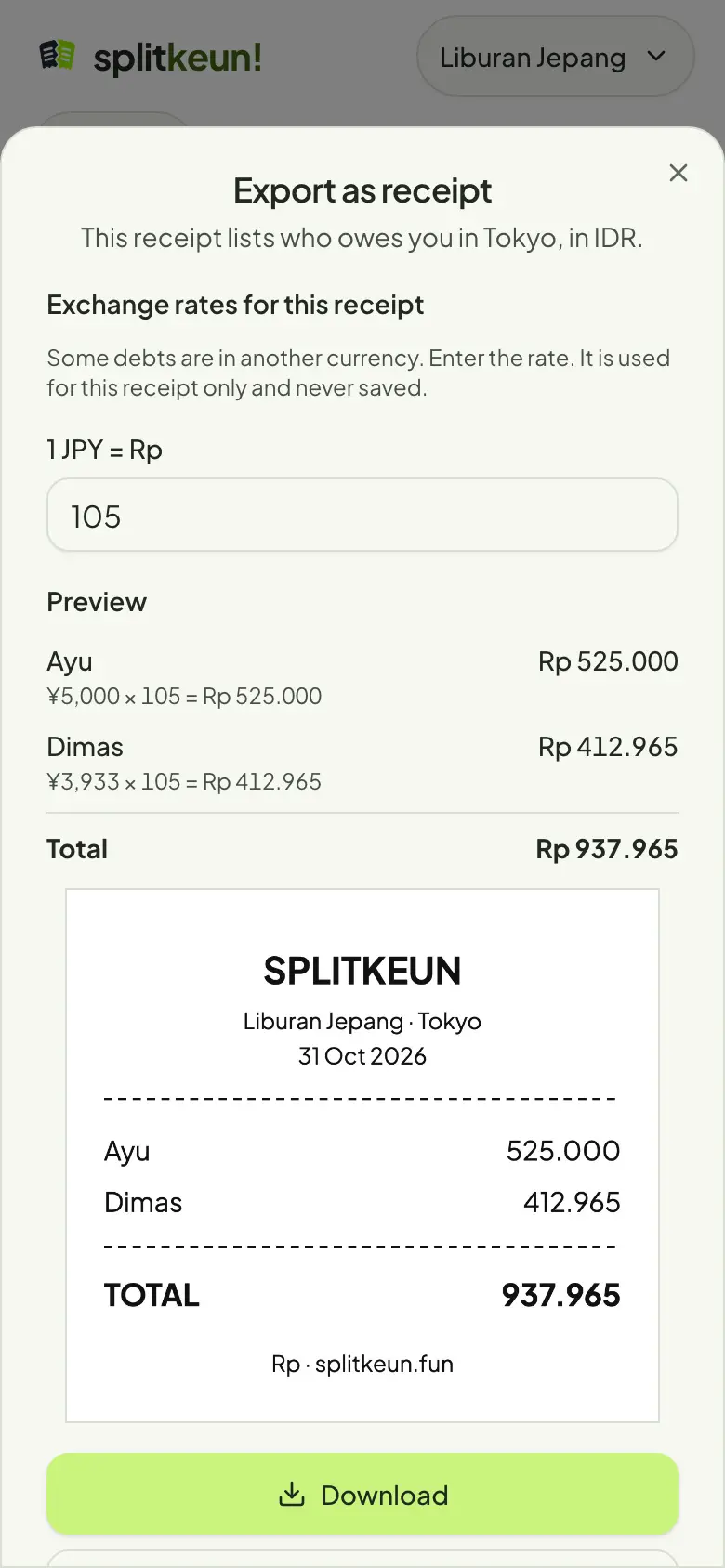 Screenshot: Export as a receipt