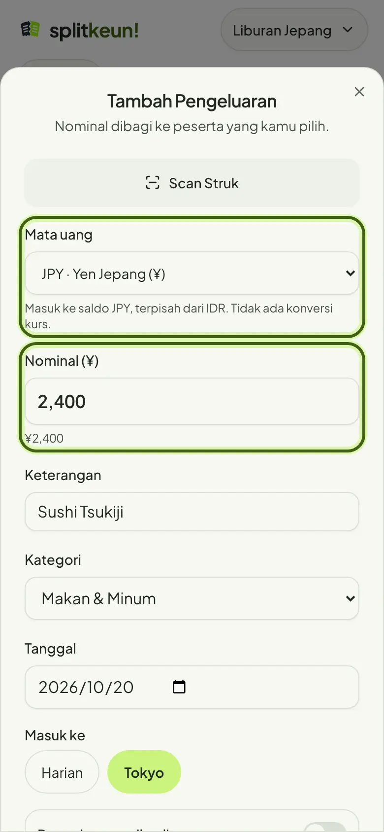Tangkapan layar: Isi nominal, mata uang, dan pembayar