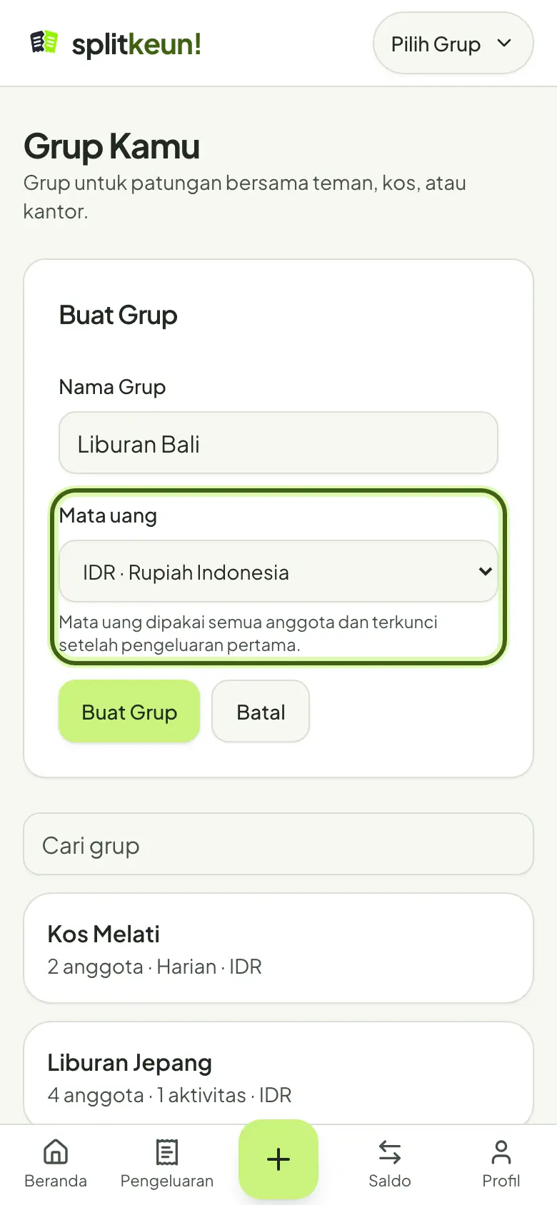 Tangkapan layar: Pilih mata uang Grup