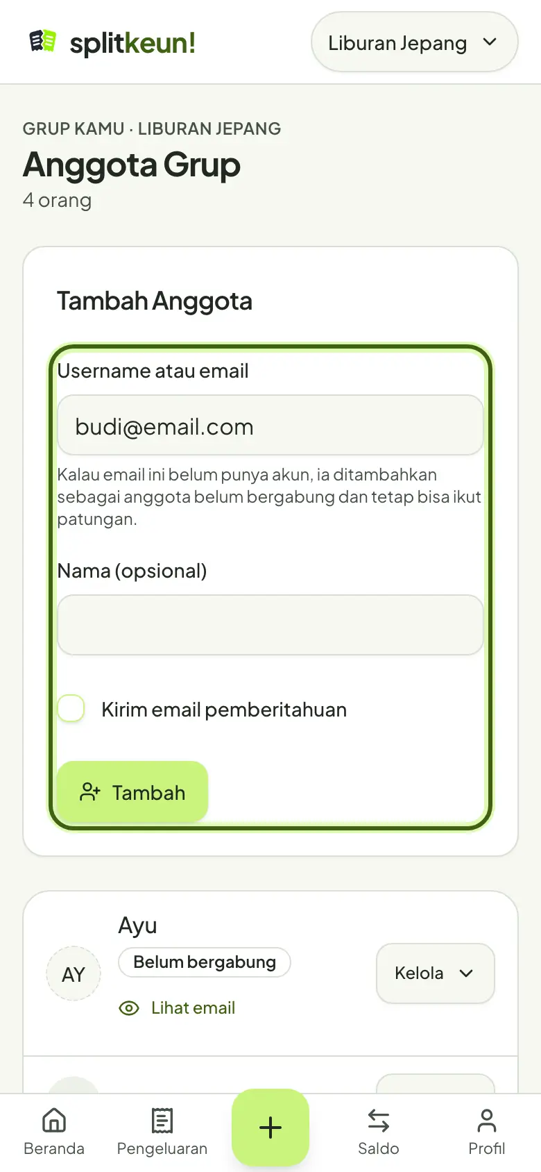 Tangkapan layar: Tambah anggota
