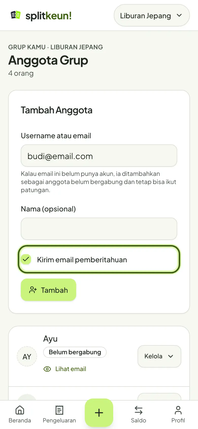 Tangkapan layar: Kabari lewat email