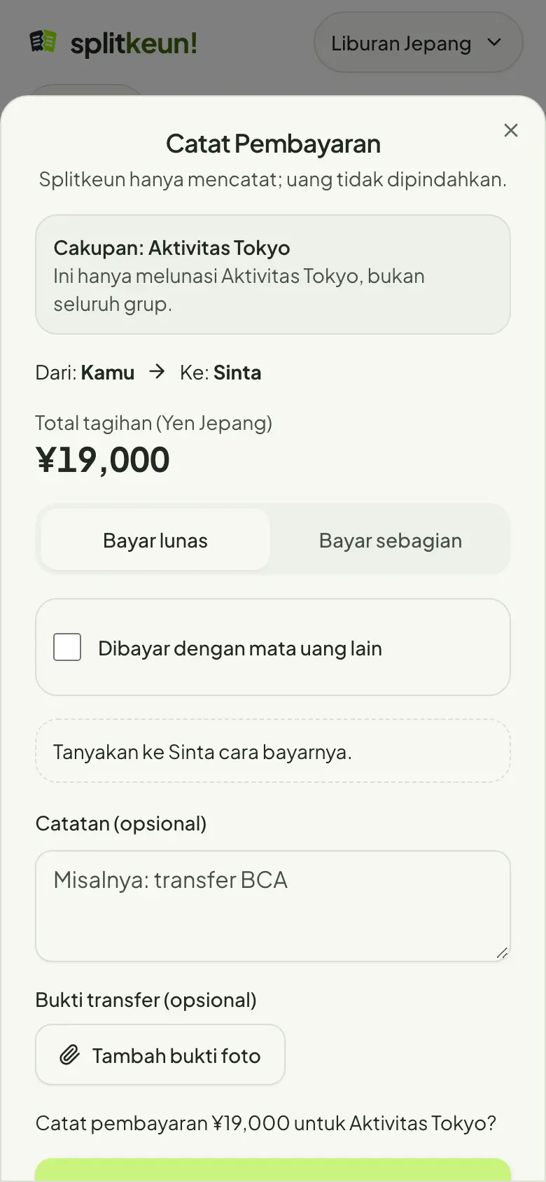 Tangkapan layar: Catat pembayaran