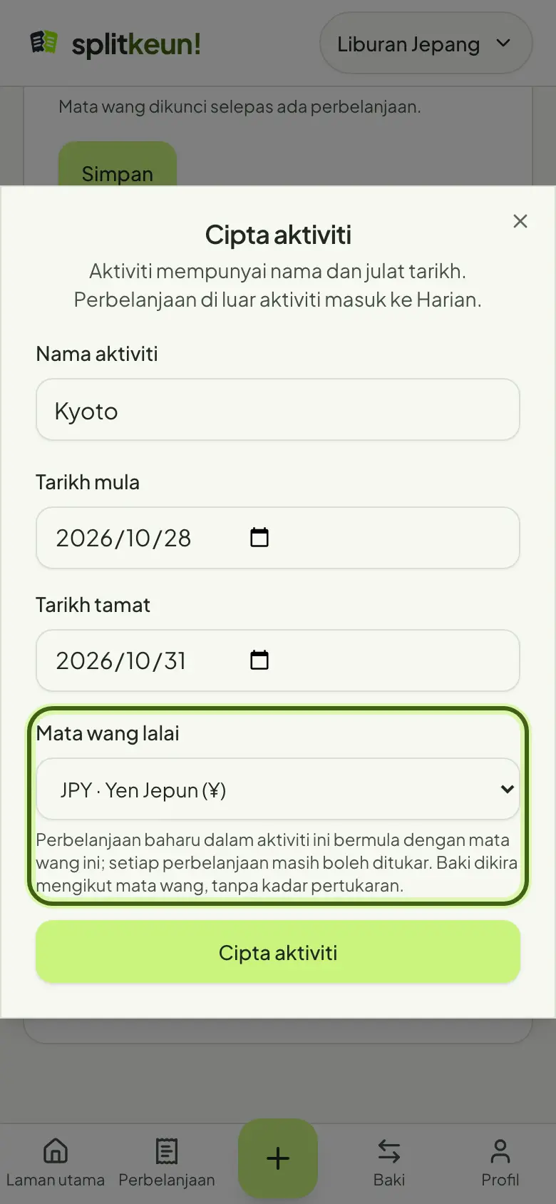 Tangkapan skrin: Pilih mata wang lalai