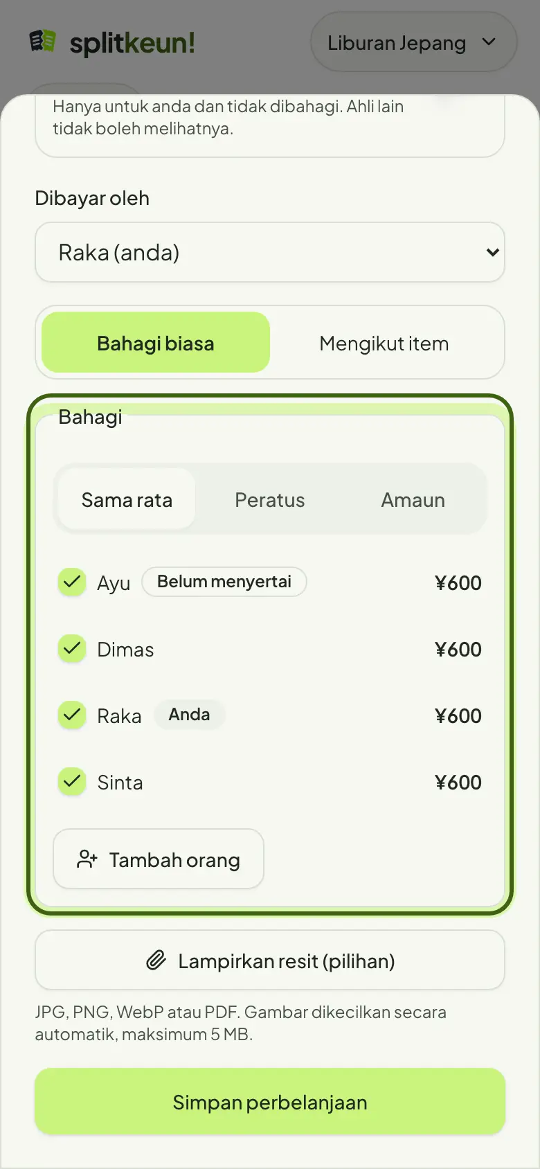 Tangkapan skrin: Pilih cara membahagi