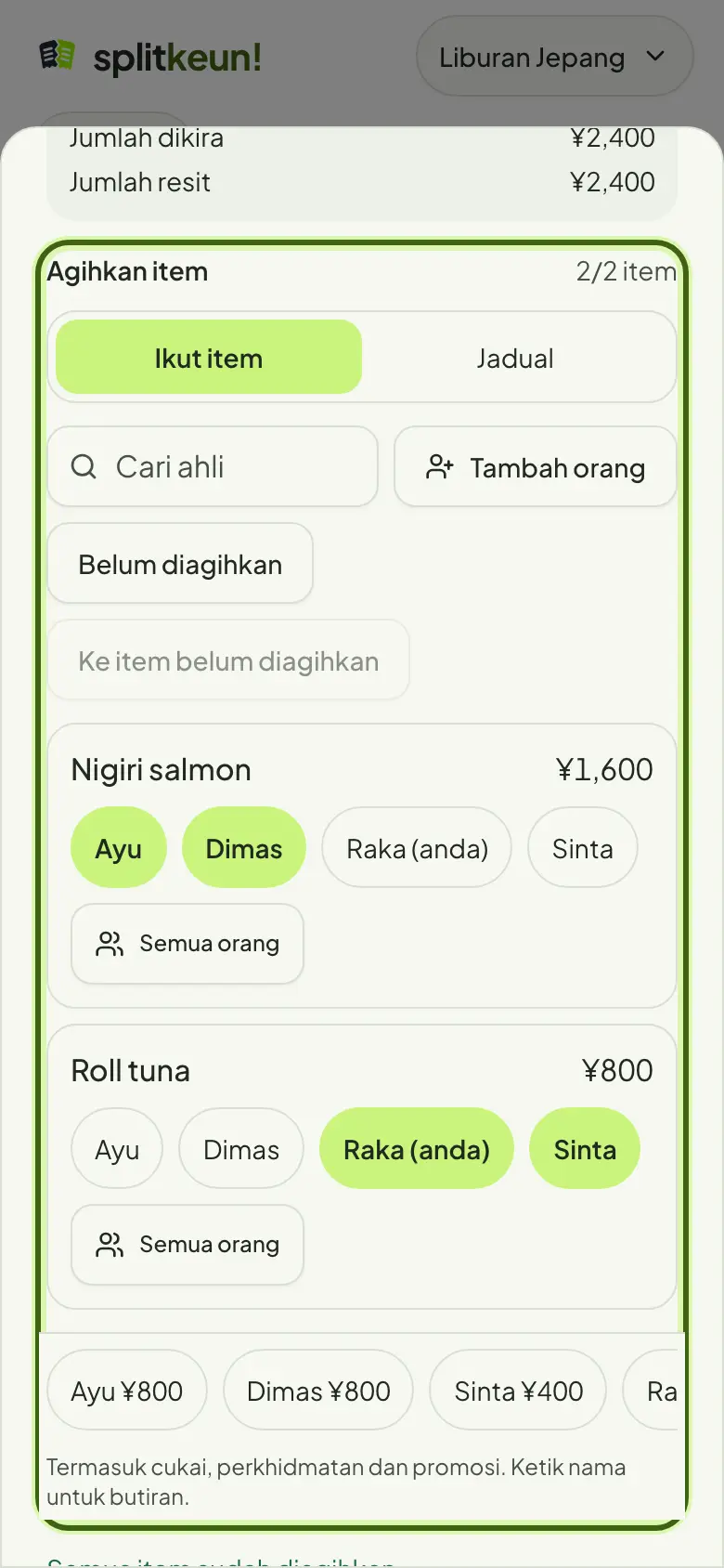 Tangkapan skrin: Bahagi ikut item
