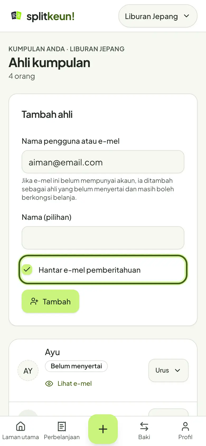 Tangkapan skrin: Maklumkan melalui e-mel