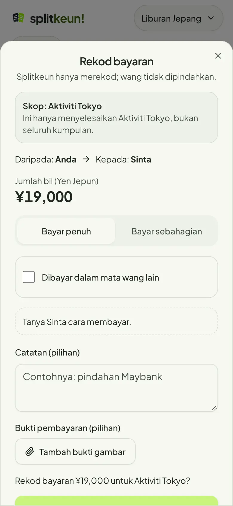 Tangkapan skrin: Rekod bayaran